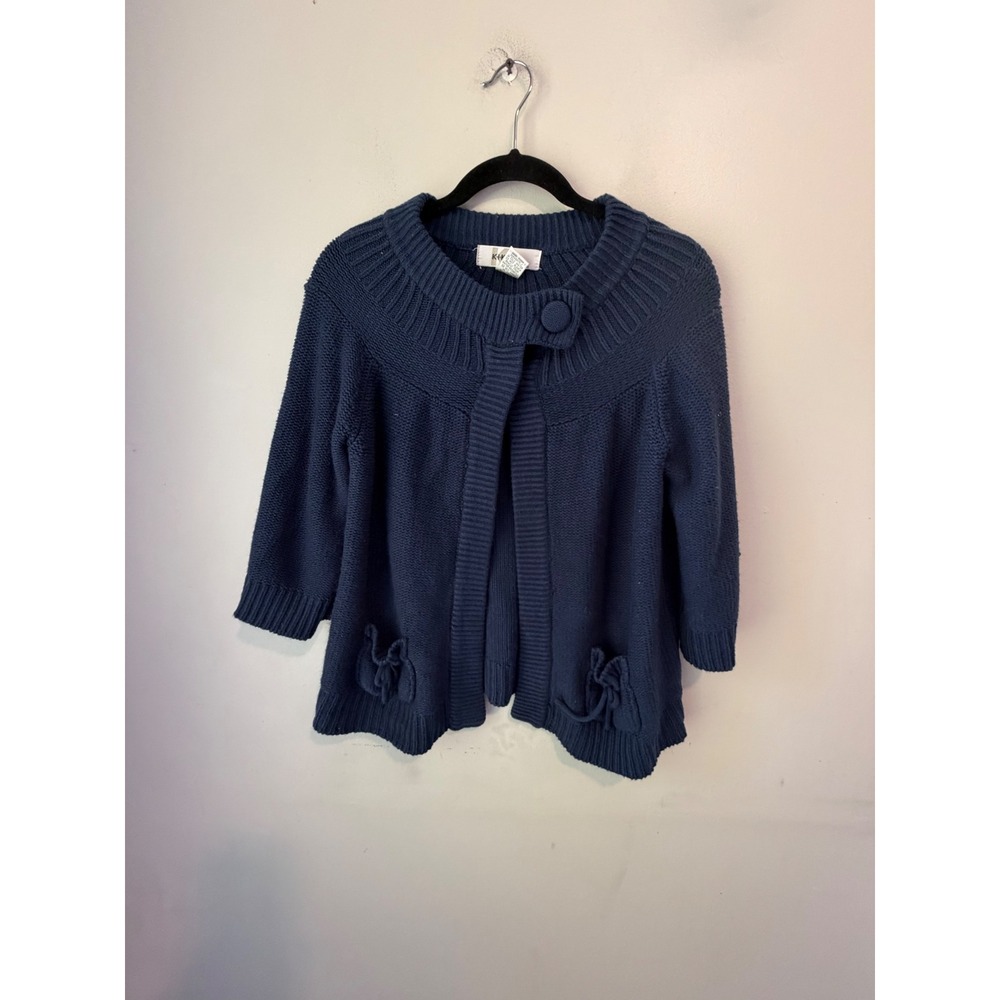 KIKIT Knitwear Navy Blue Cardigan Sweater 3/4 Sleeve Bow Pockets XL